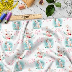 Ткань поплин нежные зайцы на белом фоне