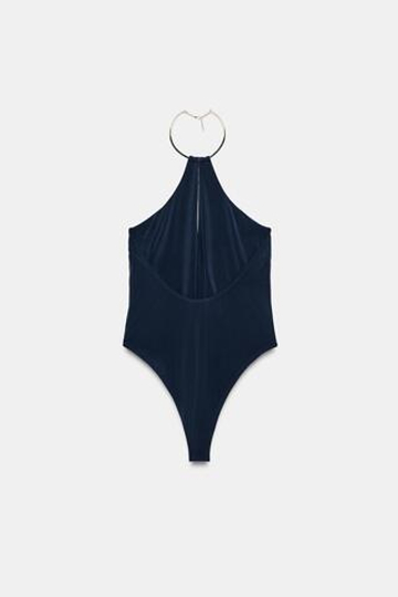 ZARA БОДИ С ГОРЛОВИНОЙ ХАЛТЕР И ЧОКЕРОМ, МОРСКОЙ ТЕМНО-СИНИЙ