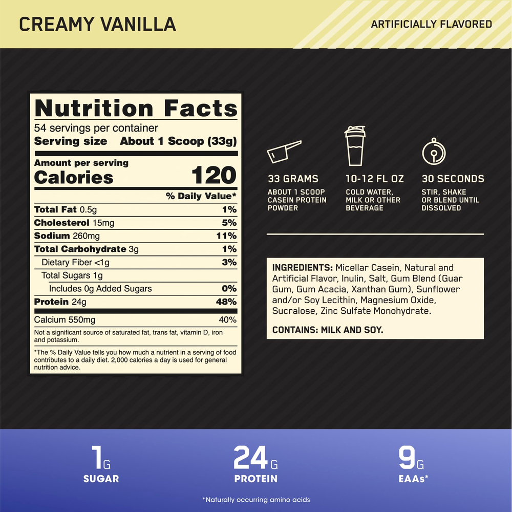 Optimum Nutrition, Gold Standard® 100% казеин, со вкусом ванили, 1,75 кг (3,85 фунта)