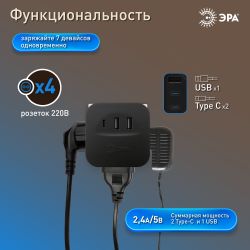Разветвитель электрический ЭРА SP-4-3USBAC-B на 4 розетки + 3 USB A+C со шторками 10А черный | Электротовары