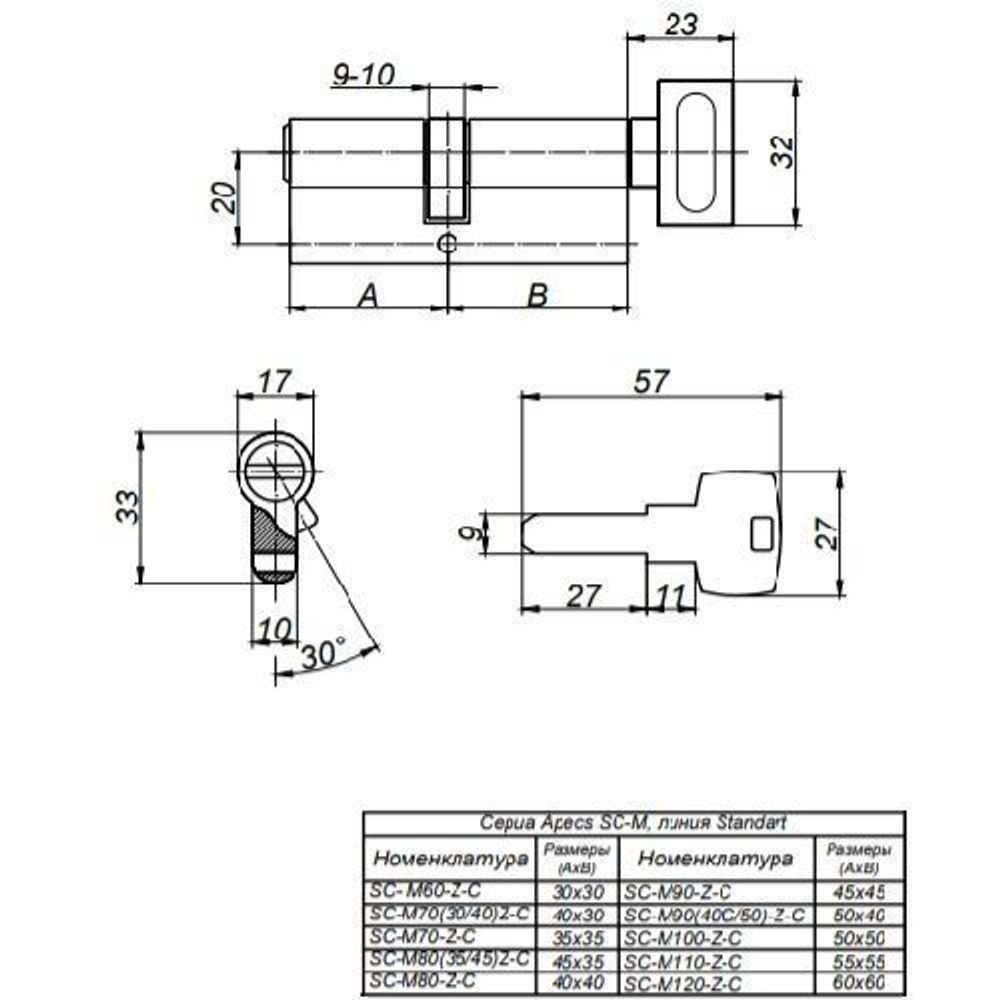 Цилиндровый механизм с вертушкой APECS SM-110 (40C/70)-C NI никель