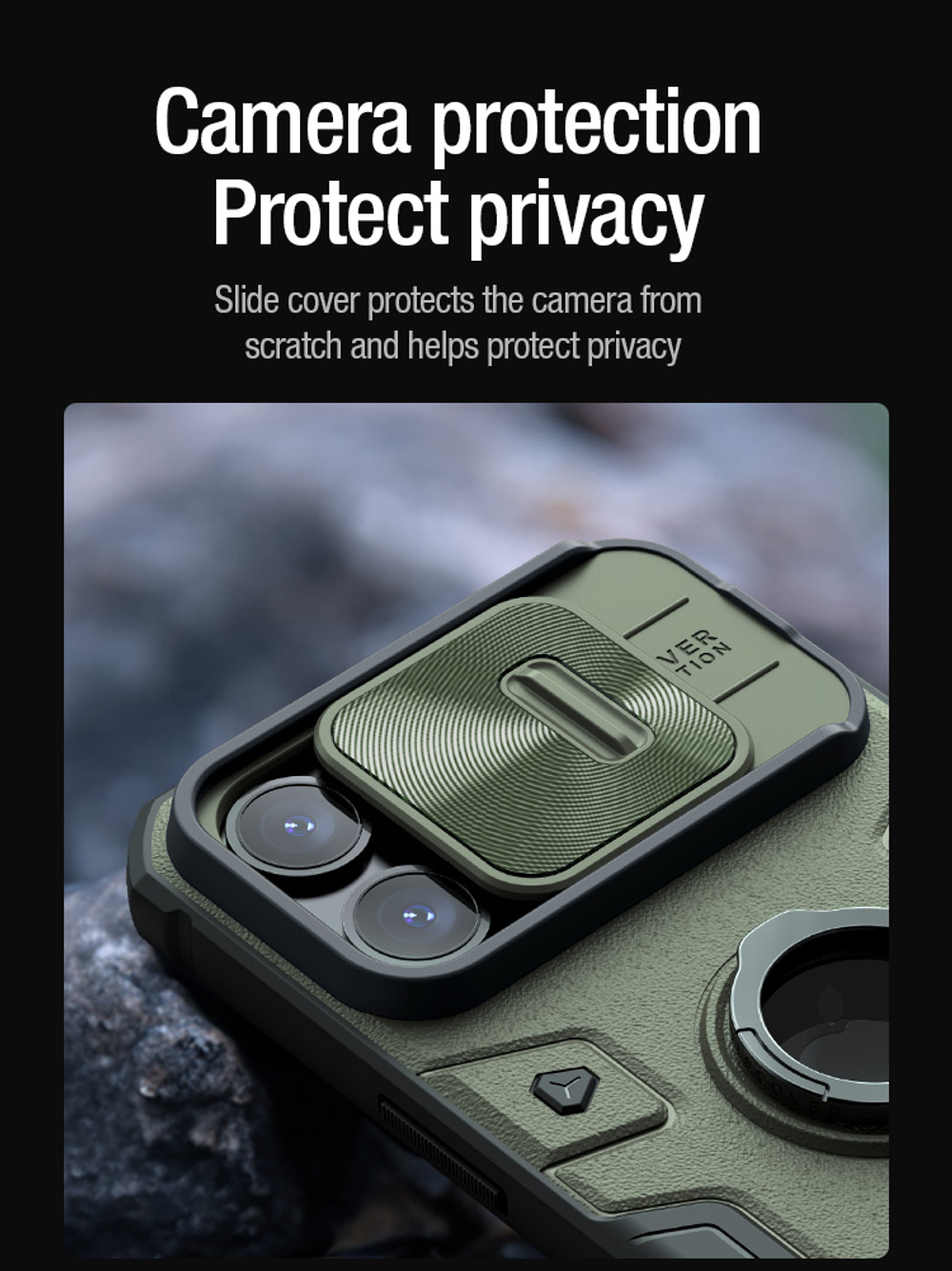 Чехол противоударный зеленого цвета для смартфона iPhone 15 Pro Max, серия CamShield Armor (версия с отверстием под лого) от Nillkin