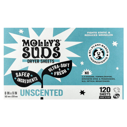 Molly's Suds, Простыни для сушки, без запаха, 120 листов