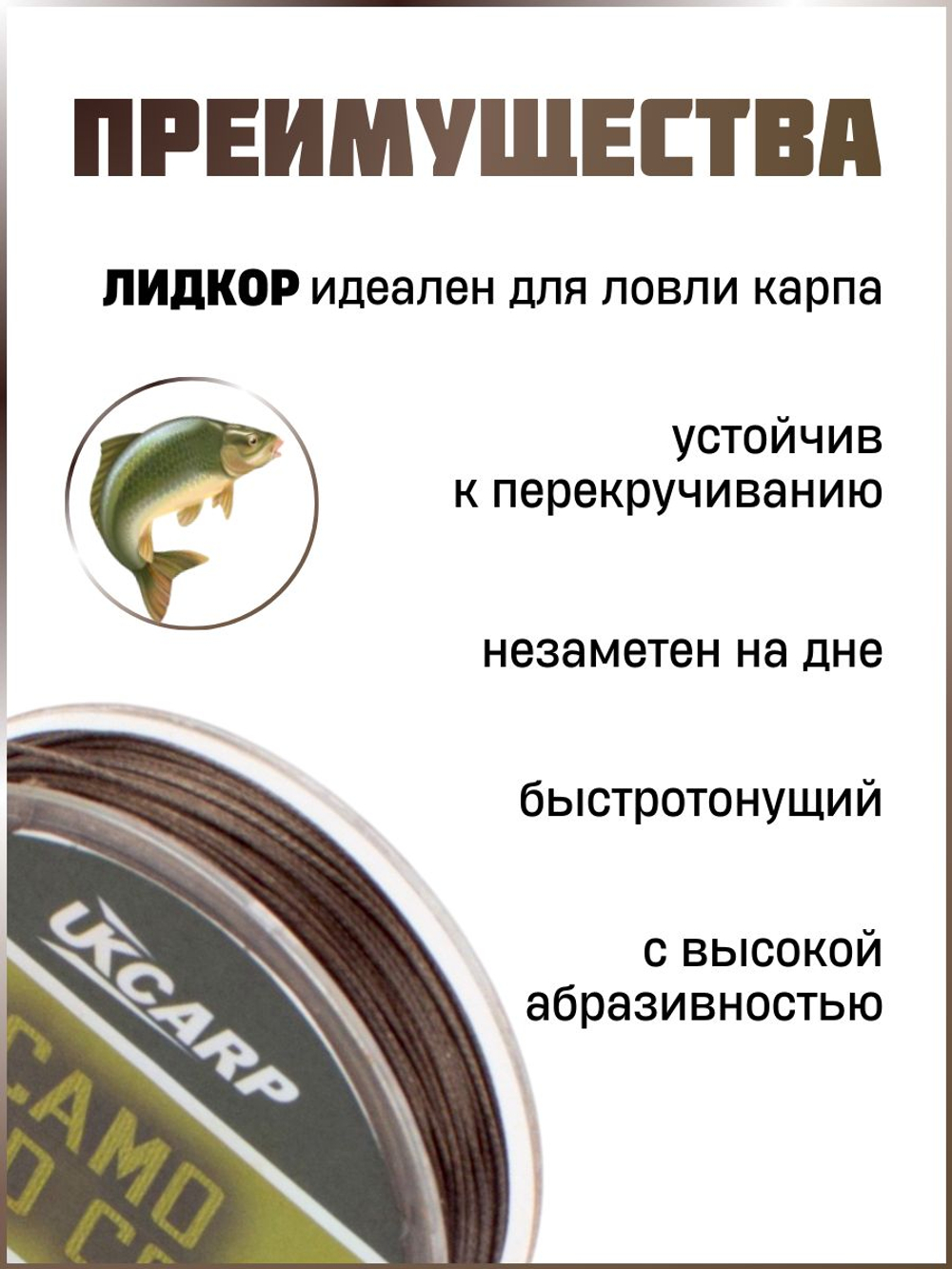 Лидкор со свинцовым сердечником для ловли карпа 10м, 45 lb (коричневый)