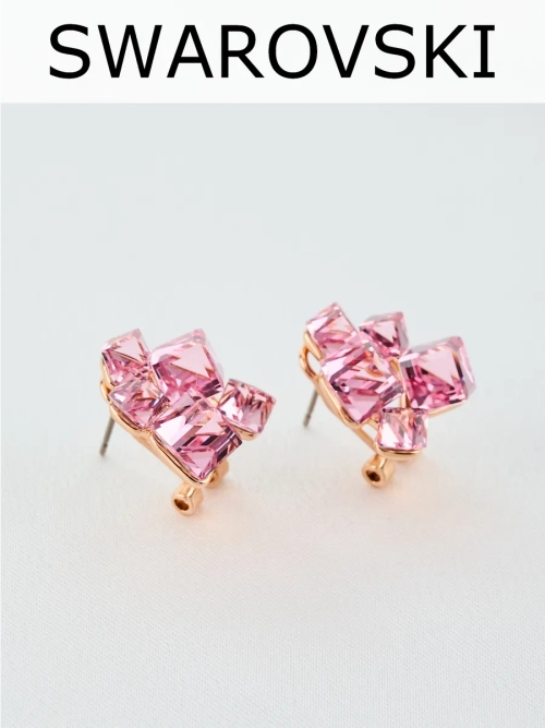 Серьги гроздья Мираж с розовыми кубиками Swarovski