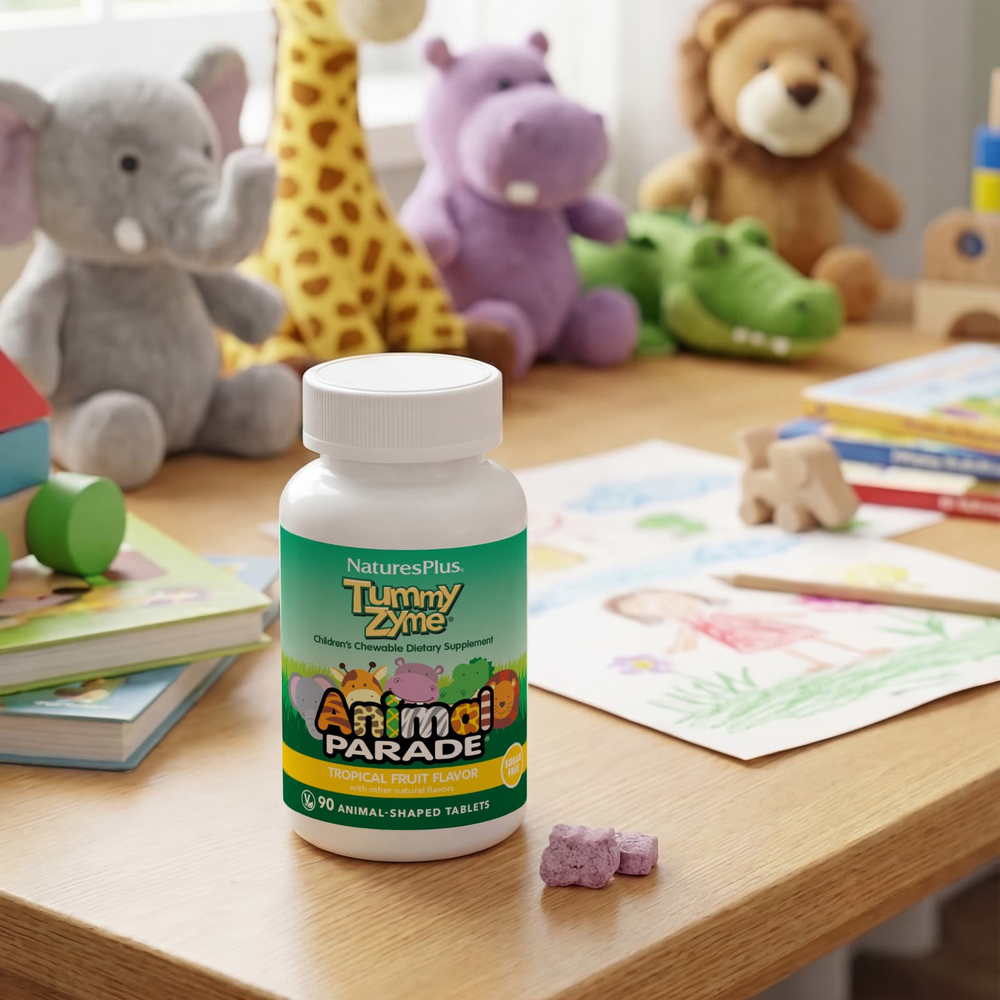 NaturesPlus, Animal Parade®, Tummy Zyme®, добавка для поддержки пищеварения, тропические фрукты, 90 таблеток в форме животных