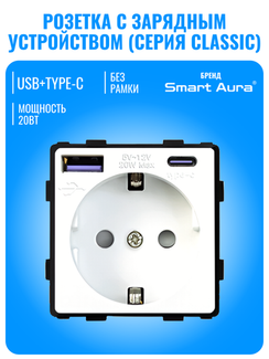 Розетка с зарядным устройством USB и Type-C Smart Aura серия Classic без рамки