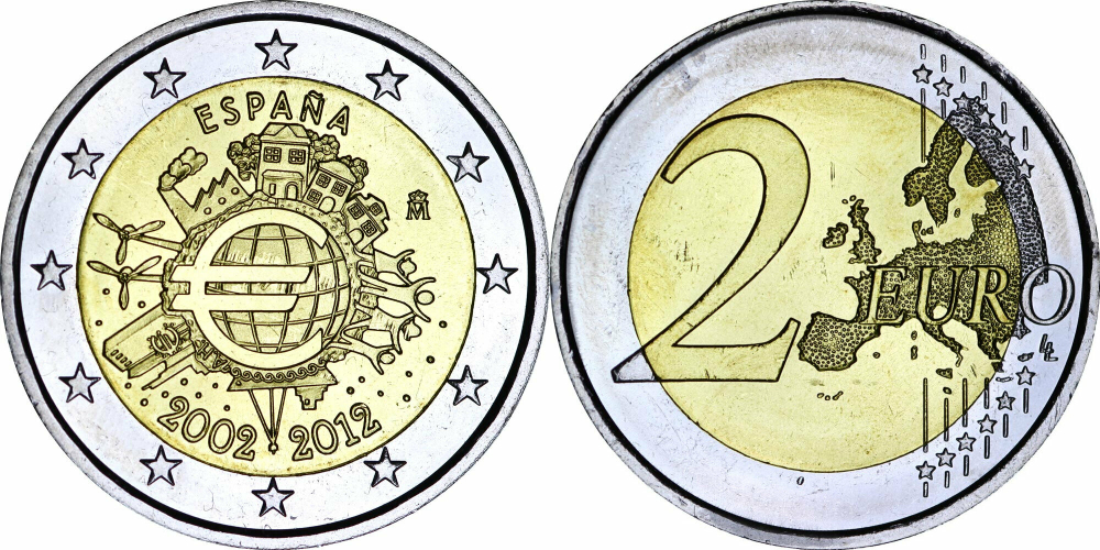 Испания 2 евро, 2012 10 лет наличным XF