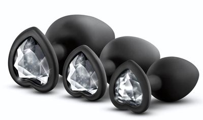 Набор из 3 черных пробок с прозрачным кристаллом-сердечком Bling Plugs Training Kit (Цвет: черный)