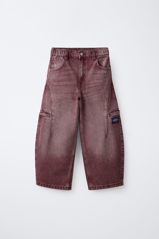 ZARA БРЮКИ BARREL КАРГО С НАШИВКОЙ, БАКЛАЖАННЫЙ