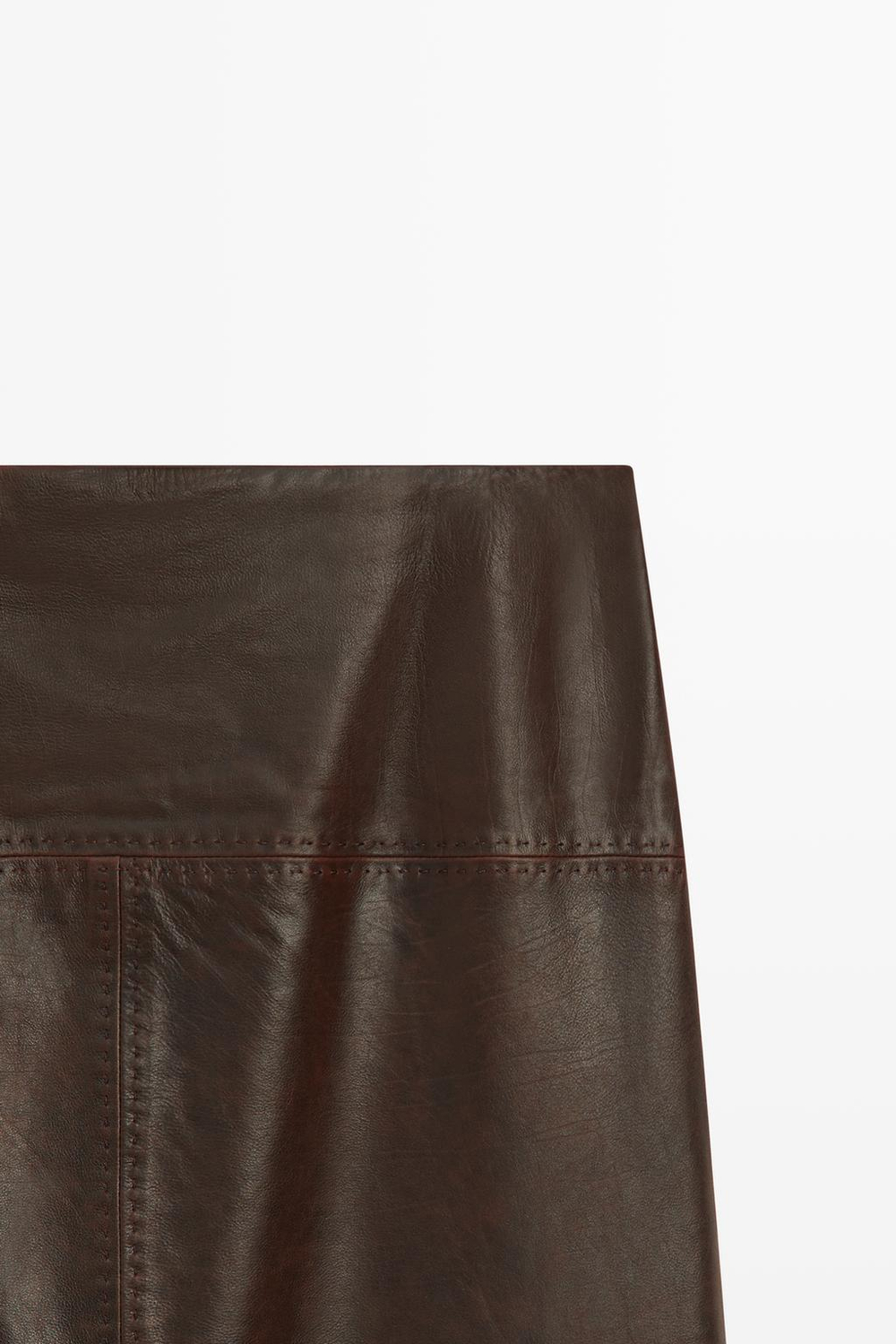 Massimo Dutti Прямая юбка-миди из кожи наппа с декоративными швами, коричневый