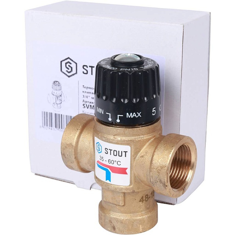 Клапан термостатический смесительный STOUT - 3/4" (ВР, 35-60°C, Kvs 1.6, L-образное смешивание)