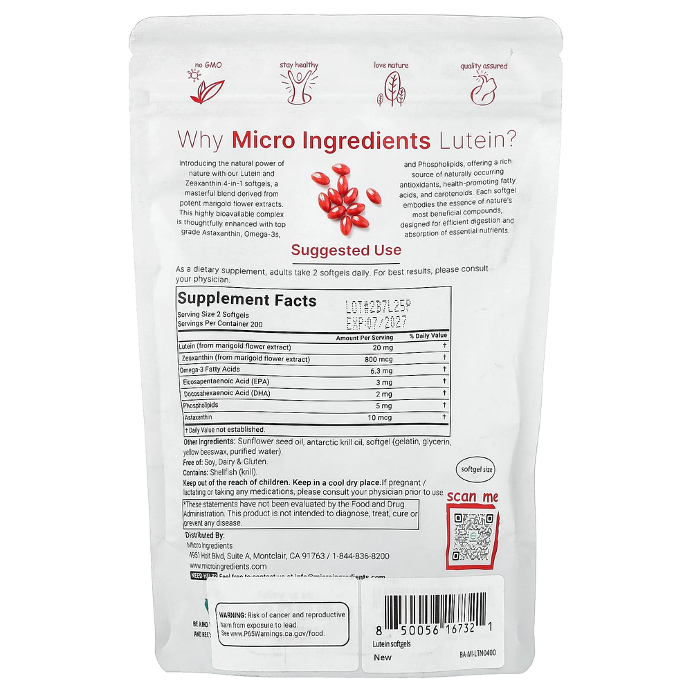 Micro Ingredients, лютеин с зеаксантином, 400 мягких таблеток