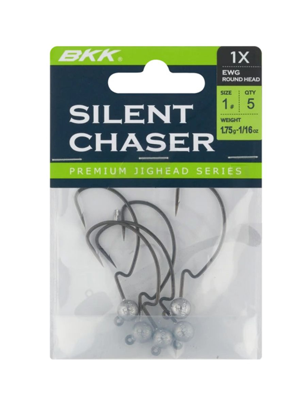Джиг-головка для рыбалки BKK на офсетном крючке Silent Chaser - 1X - EWG Round Head, размер крючка 1/0, вес 1,75г, 4 шт.