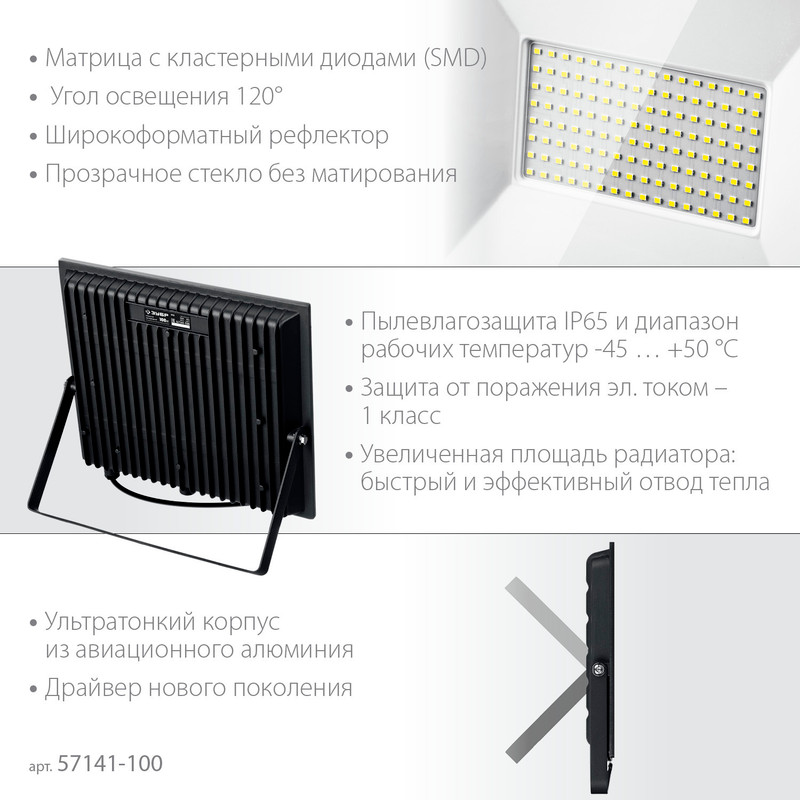 ЗУБР ПСК-100, 100 Вт, 6500 К, IP 65, светодиодный прожектор, Профессионал (57141-100)