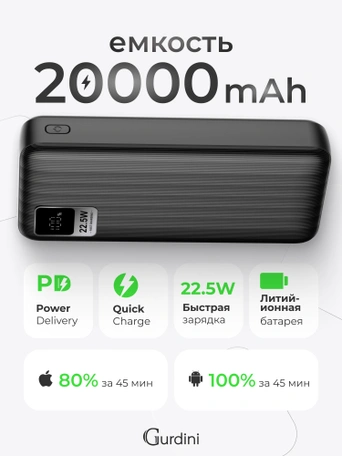 Дополнительный аккумулятор Gurdini Speed Series PD+LCD 22.5W GPPD-02B 20000 mAh Black