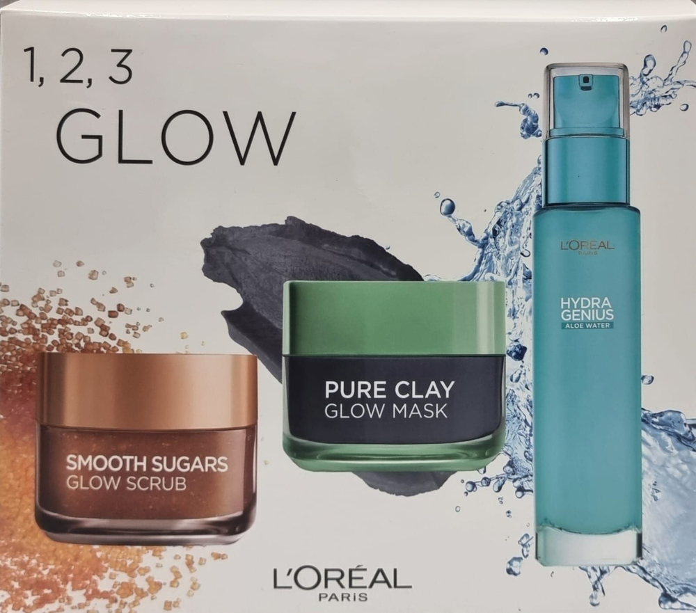 Набор для лица L'Oral GLOW (скраб, маска, увлажняющая вода с алоэ вера) 170 мл (Франция)