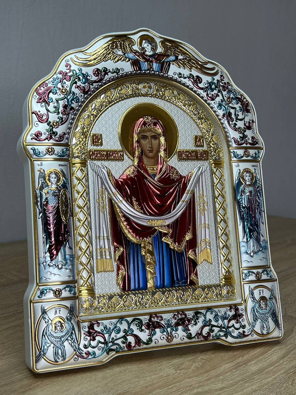 Покрова БМ, икона арочная с рамкой под стеклом, белое дерево, эмаль 167х228
