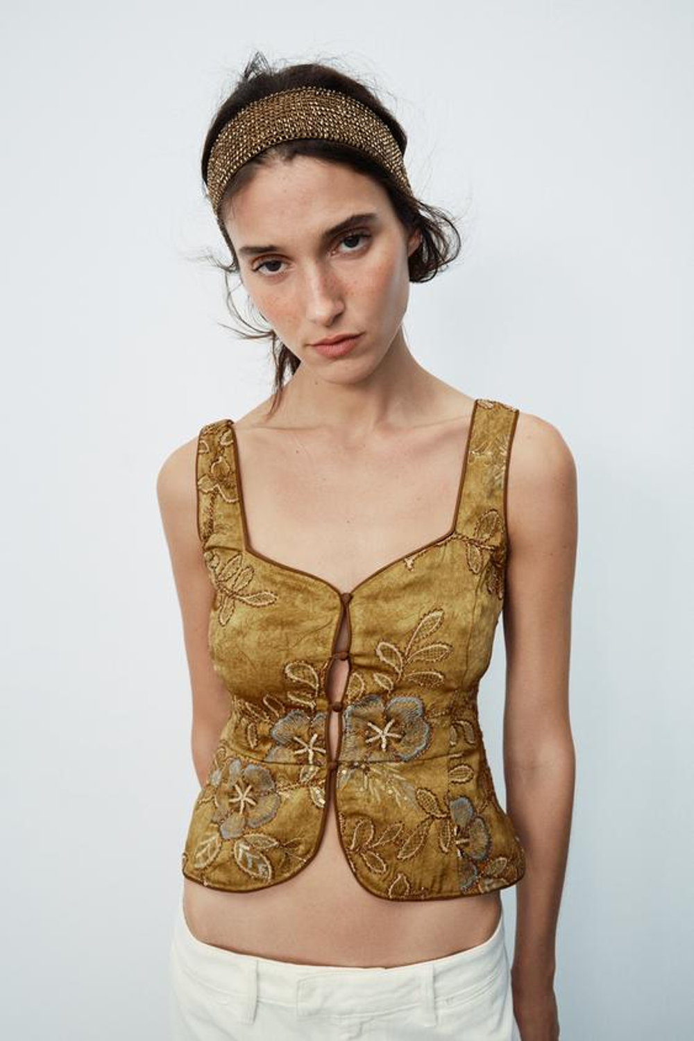 ZARA ТОП-ЖИЛЕТ С ВЫШИВКОЙ И БУСИНАМИ, ОХРА
