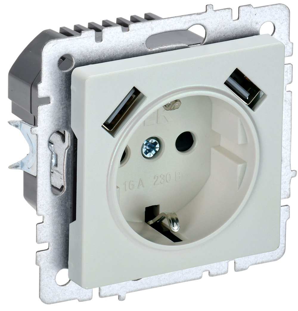 BRITE Розетка 1-местная с заземлением с защитными шторками 16А с USB A+A 5В 2,1А РЮш10-1-БрЖ жемчуг IEK