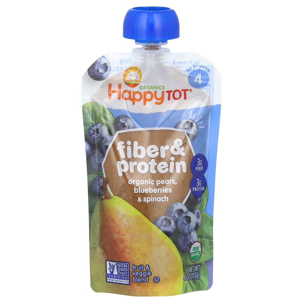 Happy Family Organics, Happy Tot®, клетчатка и протеин, для детей от 2 лет, органические груши, голубика и шпинат, 113 г (4 унции)