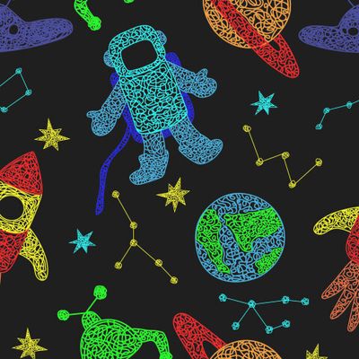 Космос в стиле детского рисунка на черном фоне.