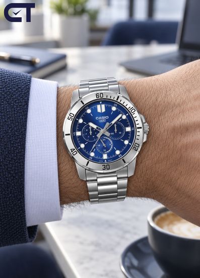CASIO MTP-VD300D-2E CASIO Collection мужские наручные часы — синий циферблат, три индикатора и выразительный стальной дизайн