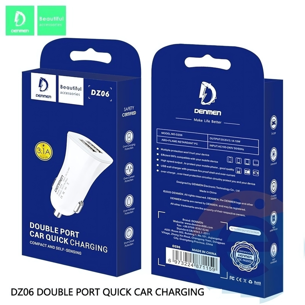 Автомобильное зарядное устройство DENMEN DZ06E 3.1A 2xUSB + кабель microUSB/Type-C/Lightning White