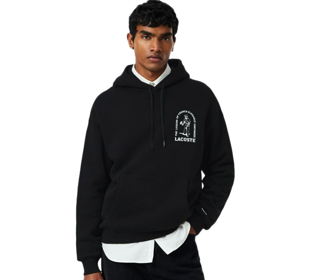 Мужская теннисная кофта Lacoste Loose Fit Printed Hoodie - black