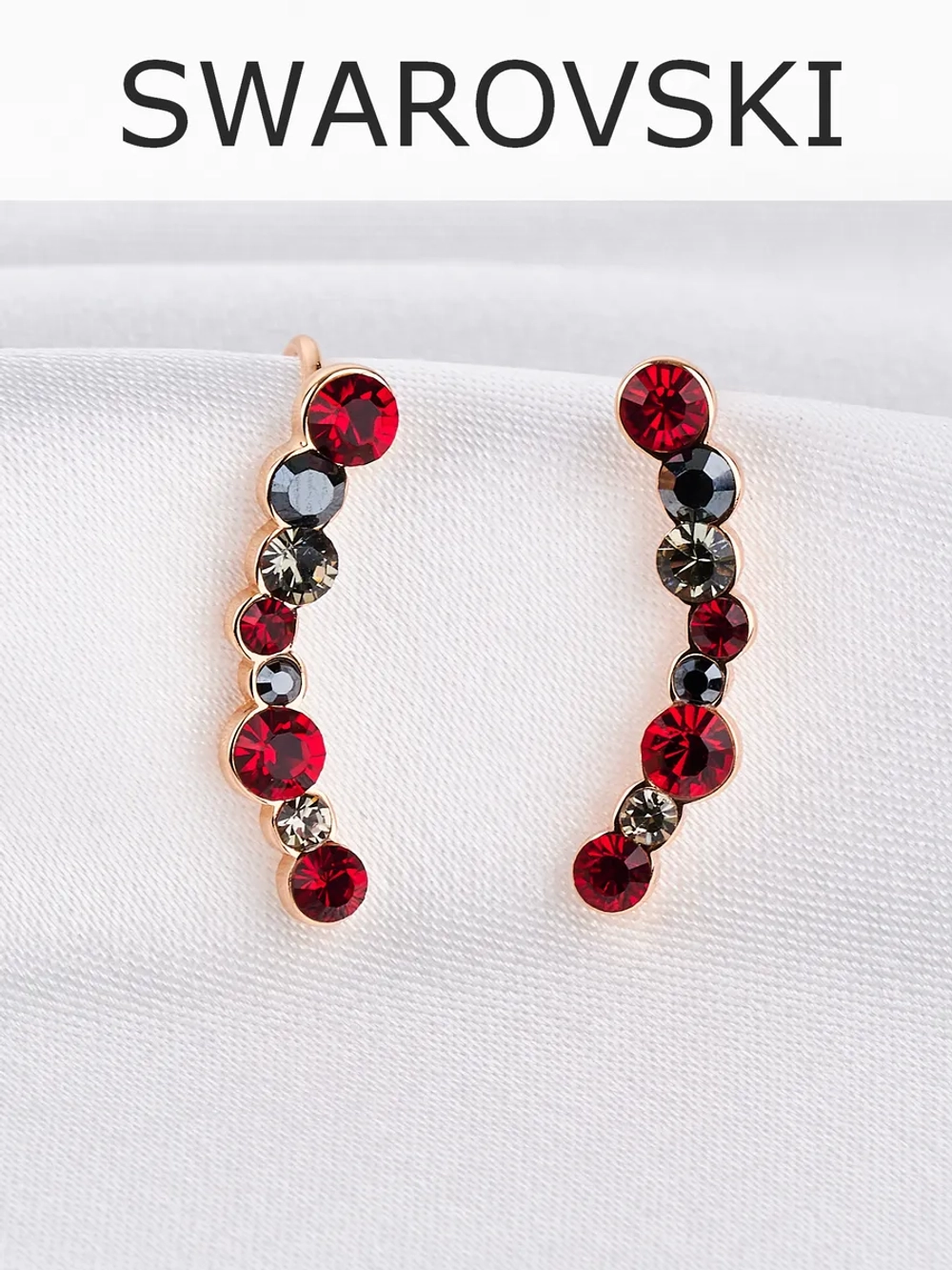 Серьги-клаймберы Млечный путь с красными кристаллами Swarovski