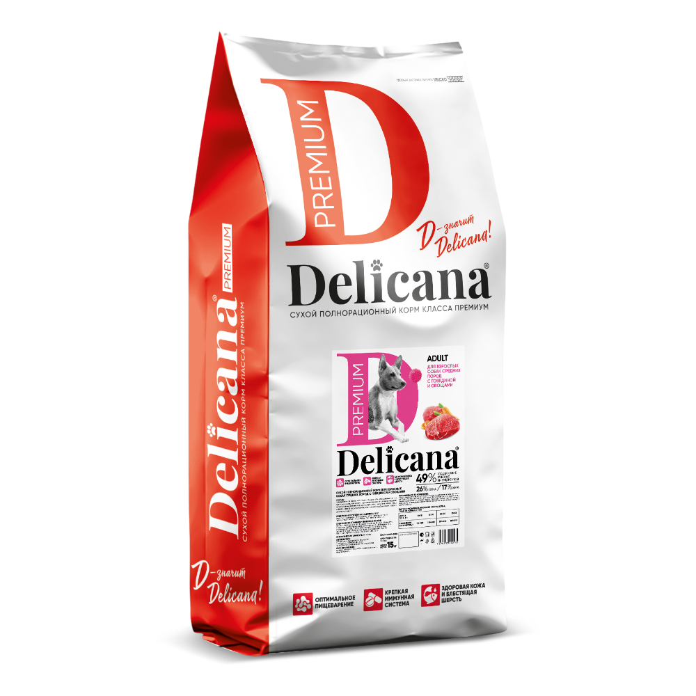 Delicana корм сухой для взрослых собак средних пород говядина, овощи