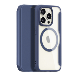 Прозрачный чехол книжка синего цвета с поддержкой MagSafe от Dux Ducis для iPhone 15 Pro, серия Skin X Pro Series Case