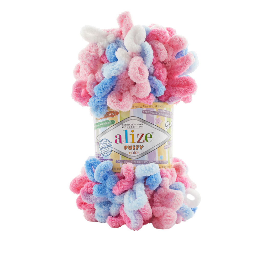 Пуффи колор (Puffy color) пряжа Alize 100%микрополиэстер 5х100г/9 м (6525 ярк.розовый-белый-ярк.голубой)