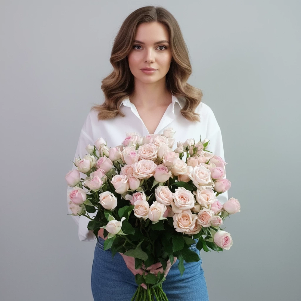 Нежно-розовая кустовая роза большой монобукет.