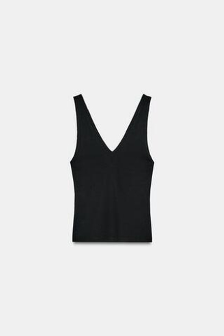 ZARA ТОП В РУБЧИК С V-ОБРАЗНЫМ ВЫРЕЗОМ, ЧЕРНЫЙ