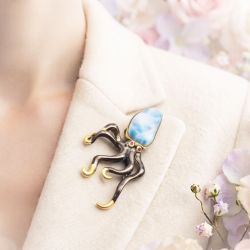 Брошь - Ларимар, аметисты, Серебро 925 проба