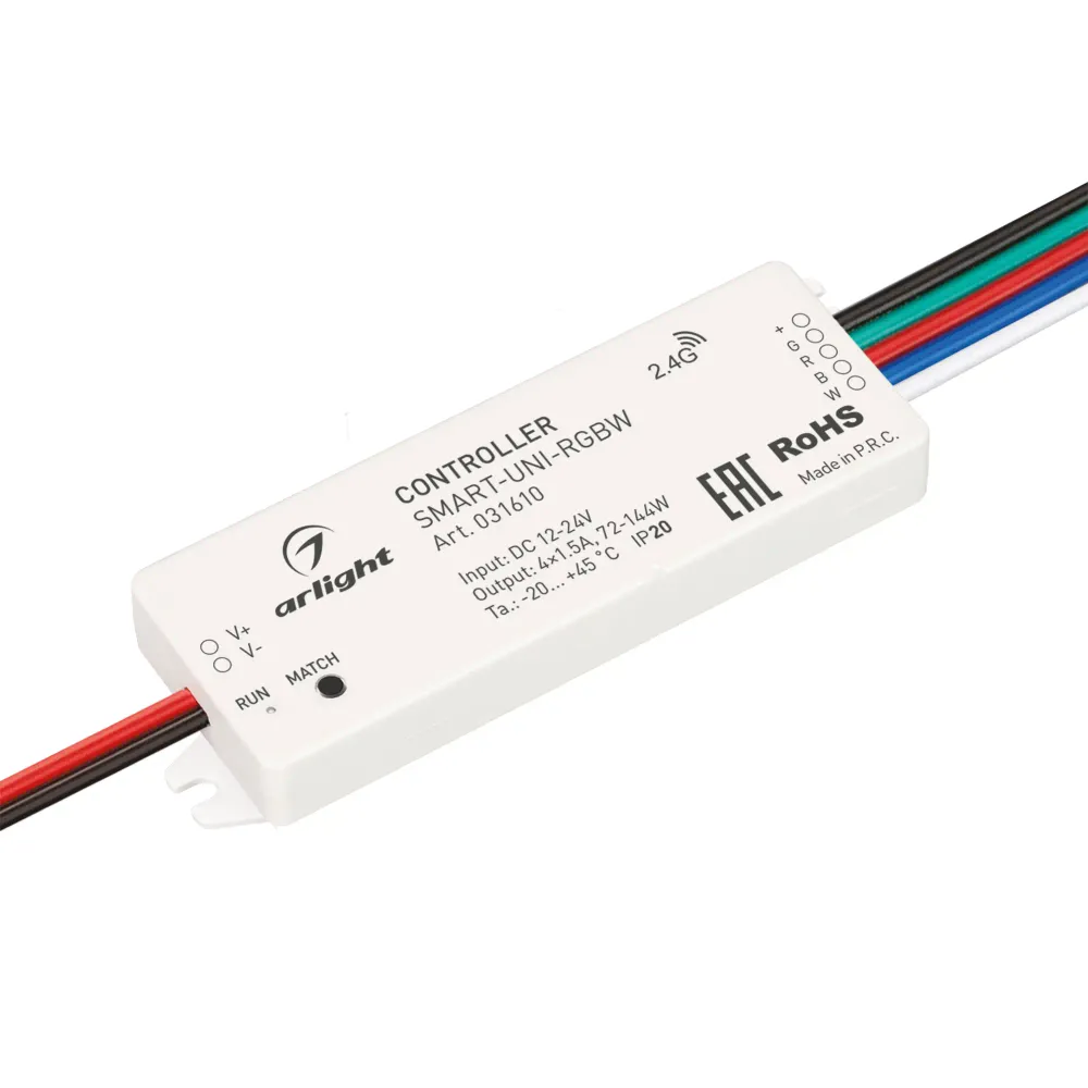 Контроллер SMART-UNI-RGBW (12-24V, 4x1.5A, 2.4G) (Arlight, IP20 Пластик, 5 лет) Контроллер SMART-UNI-RGBW (12-24V, 4x1.5A, 2.4G) (Arlight, IP20 Пластик, 5 лет)