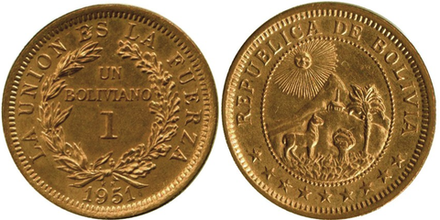 Боливия 1 боливиано, 1951 Герб XF