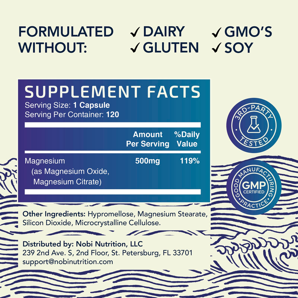 Nobi Nutrition, комплекс цитрата магния с оксидом магния, максимальное усвоение, 500 мг, 120 капсул