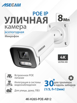 ASECAM 4K POE уличная IP камера 8Mp POE, детектор движения, объектив 12mm 30 градусов