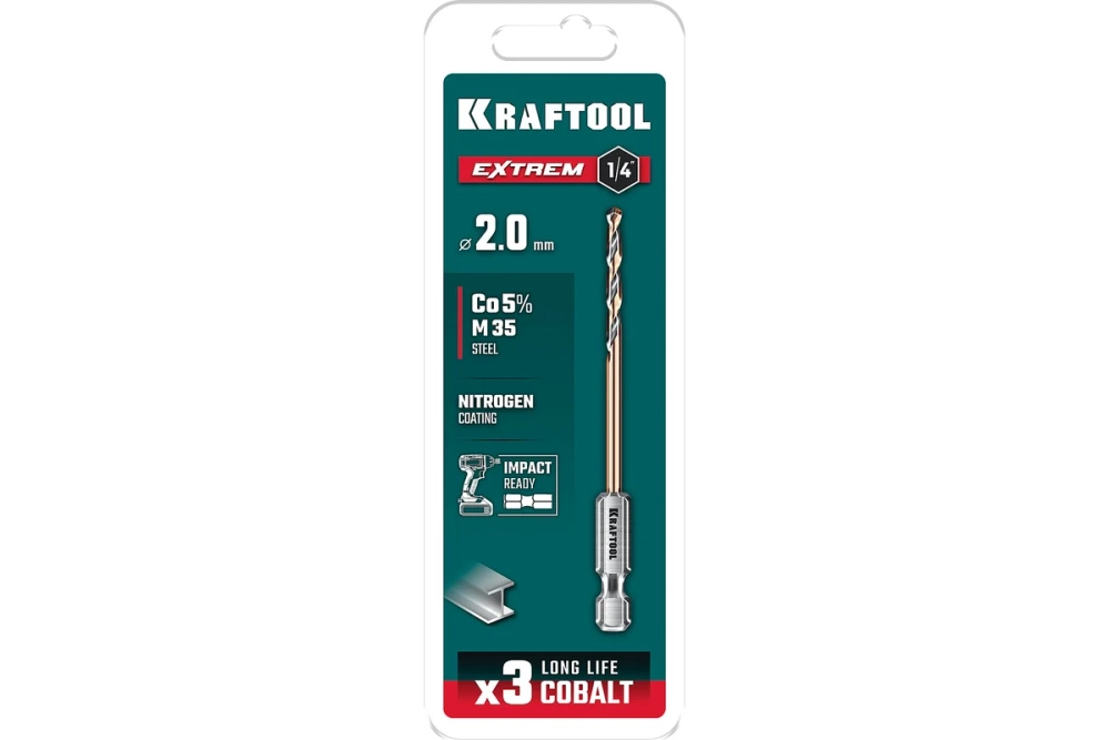 Сверло по металлу для винтовертов и шуруповертов KRAFTOOL Impact Ready НЕХ-1/4, 2,0x60 мм 29652-2