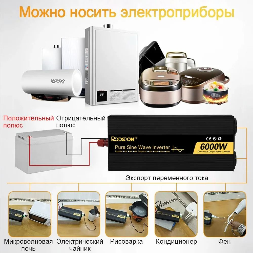Инвертор 24V-220V 6000W черный-золотой RDDSPON