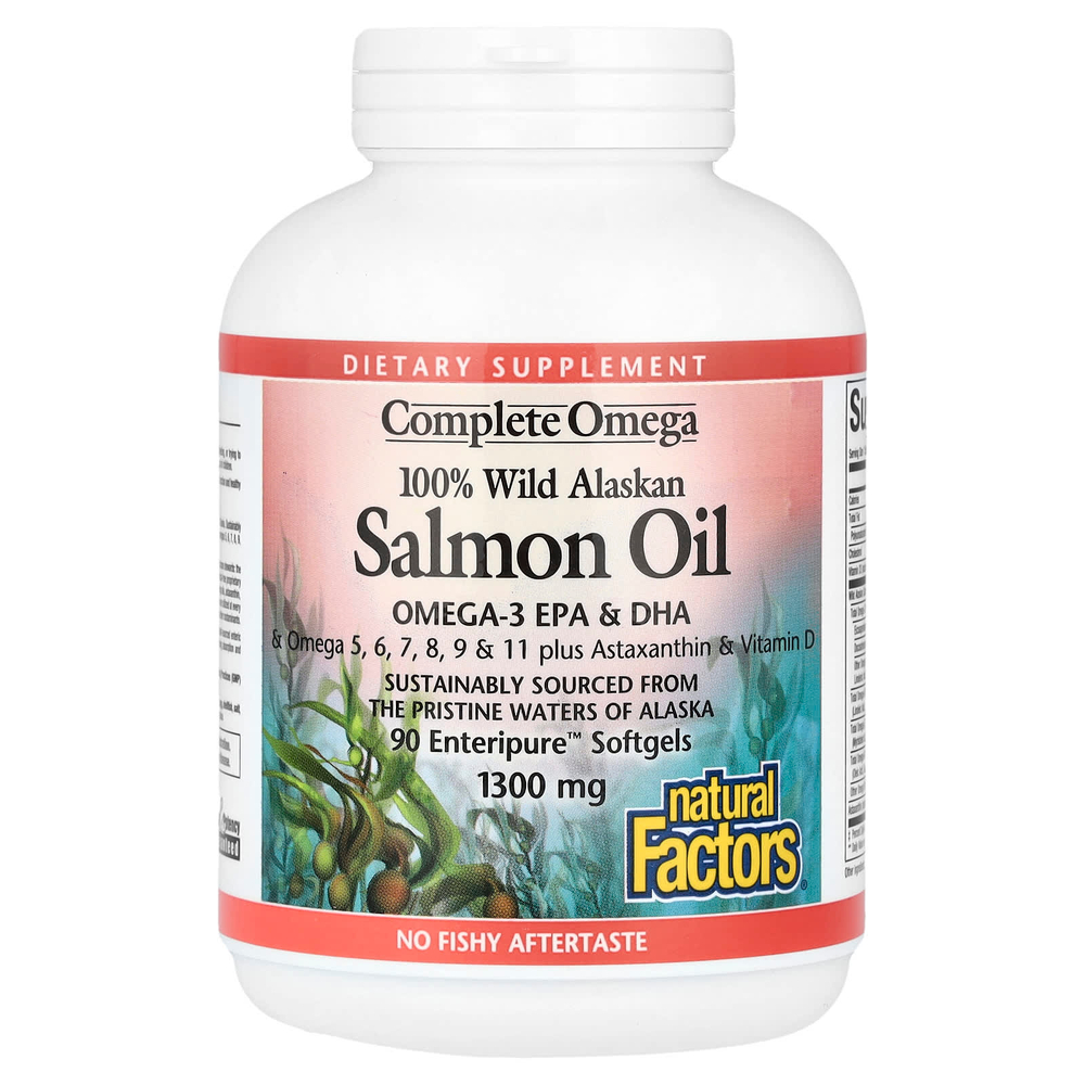 Natural Factors, Complete Omega, 100% жир дикого аляскинского лосося, 1300 мг, 90 капсул Enteripure™