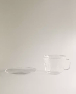 ZARA HOME ЧАЙНАЯ ЧАШКА И БЛЮДЦЕ ИЗ ТЕРМОСТОЙКОГО СТЕКЛА, ПРОЗРАЧНЫЙ