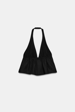 ZARA ТОП ИЗ ПОПЛИНА В ПОЛОСКУ С ГОРЛОВИНОЙ ХАЛТЕР, ЧЕРНЫЙ