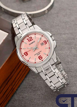 Casio LTP-1314D-5A — женские часы с розовым циферблатом, датой и неоновым покрытием