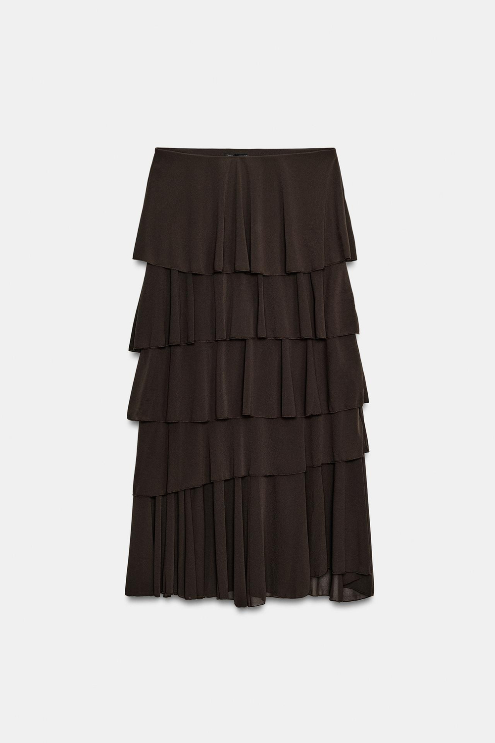 ZARA ЮБКА МИДИ С ВОЛАНАМИ, ТЕМНО-КОРИЧНЕВЫЙ