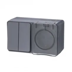Блок розетка + выключатель двухклавишный IP54 Systeme Electric AtlasDesign Profi54 Антрацит ATN544074