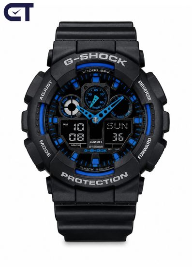 CASIO GA-100-1A2DR G-SHOCK мужские наручные часы — чёрная G-SHOCK с синими акцентами и магнитостойкостью