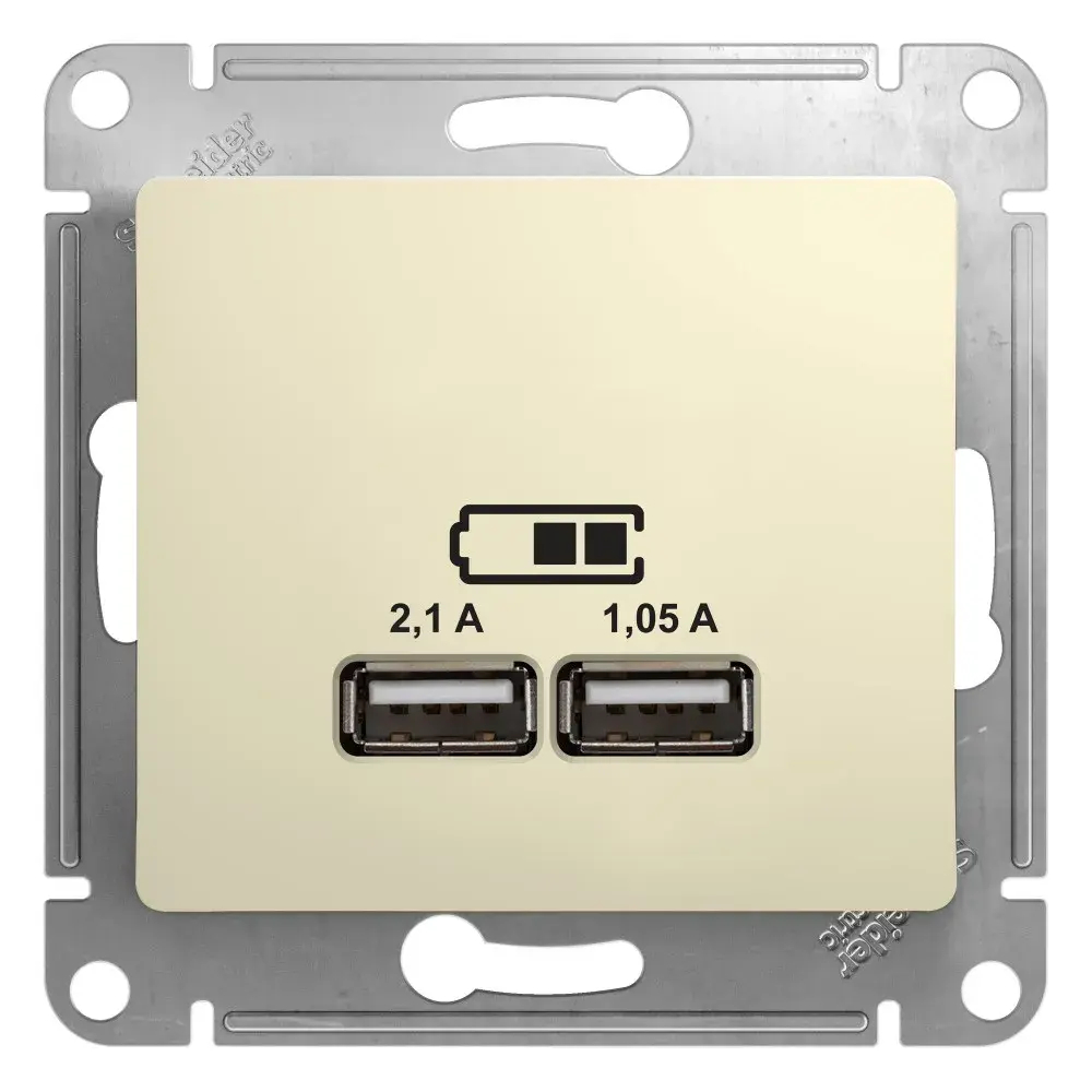 GLOSSA USB РОЗЕТКА A+A, 5В/2,1А, 2х5В/1,05А, механизм, БЕЖЕВЫЙ